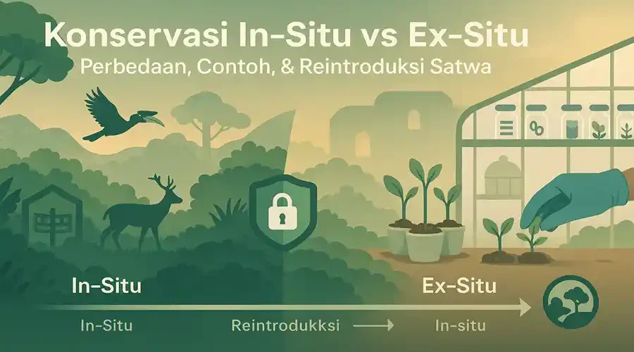 perbedaan konservasi in-situ dan ex-situ; contoh konservasi; reintroduksi satwa